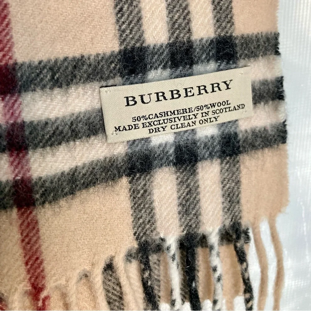 Burberry Beige Vintage Check Cashmere Scarf with Black and Red Stripes